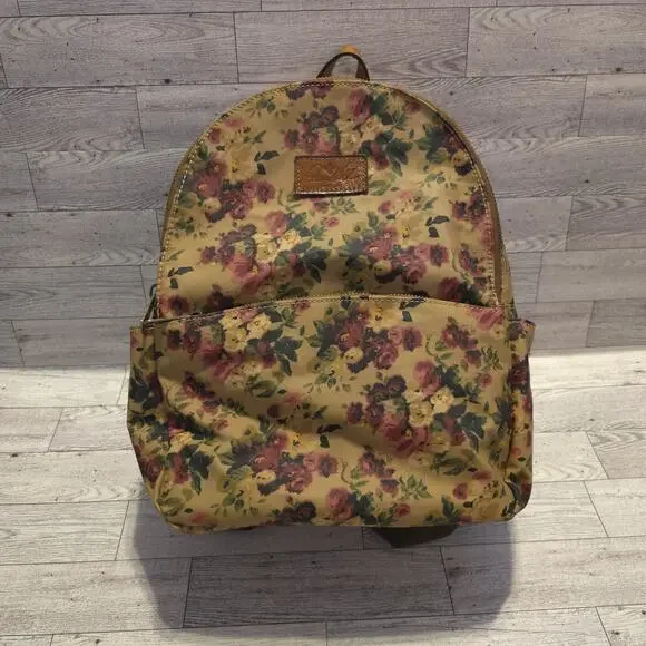 Patricia Nash Floral Canvas Backpack Vintage Rose Print Leather Trim Bag - Picture 1 of 14